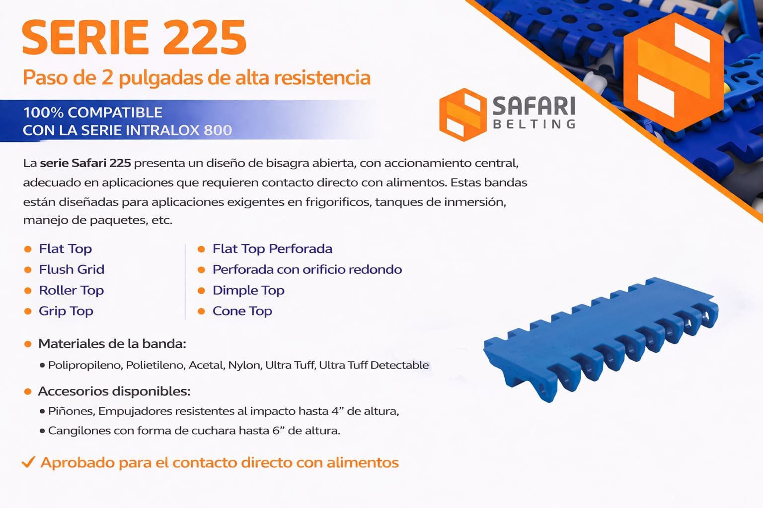 Ficha técnica Safari Serie 225 — paso 2", alta resistencia, compatible con Intralox 800